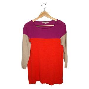 Loft Wool Blend Color block Sweater Poppy Magenta Tan Size L Petite